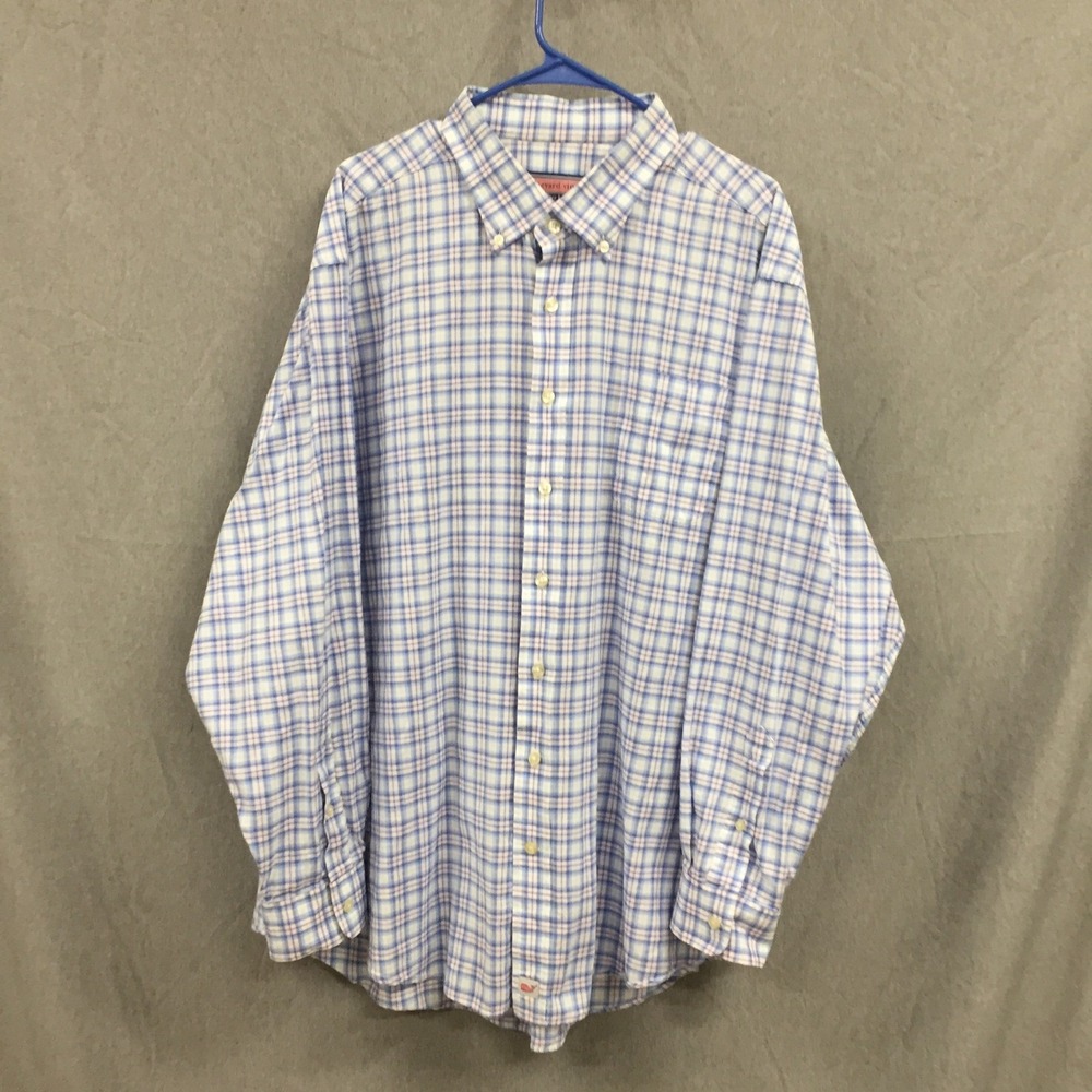 Vineyard Vines Mens Murray Shirt XXL Blue Pink Plaid Cotton Button Down Long Slv